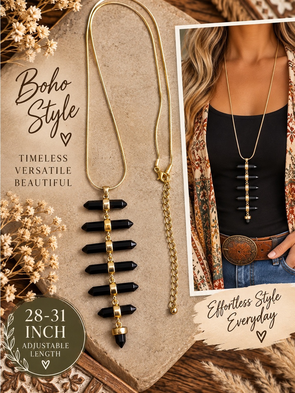 747 Gold-Tone Necklace with Black Stone Pendant - Boho Chic